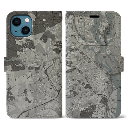 【キーウ（ウクライナ）】地図柄iPhoneケース（手帳タイプ）モノトーン・iPhone 13 用