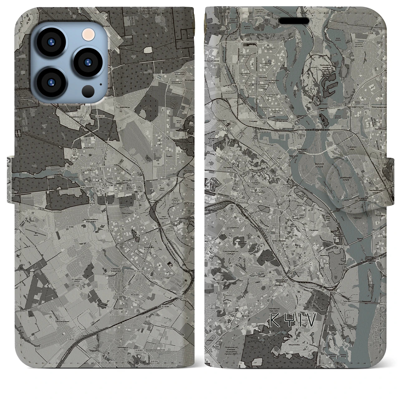 【キーウ】地図柄iPhoneケース（手帳両面タイプ・モノトーン）iPhone 13 Pro Max 用