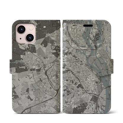 【キーウ（ウクライナ）】地図柄iPhoneケース（手帳タイプ）モノトーン・iPhone 13 mini 用