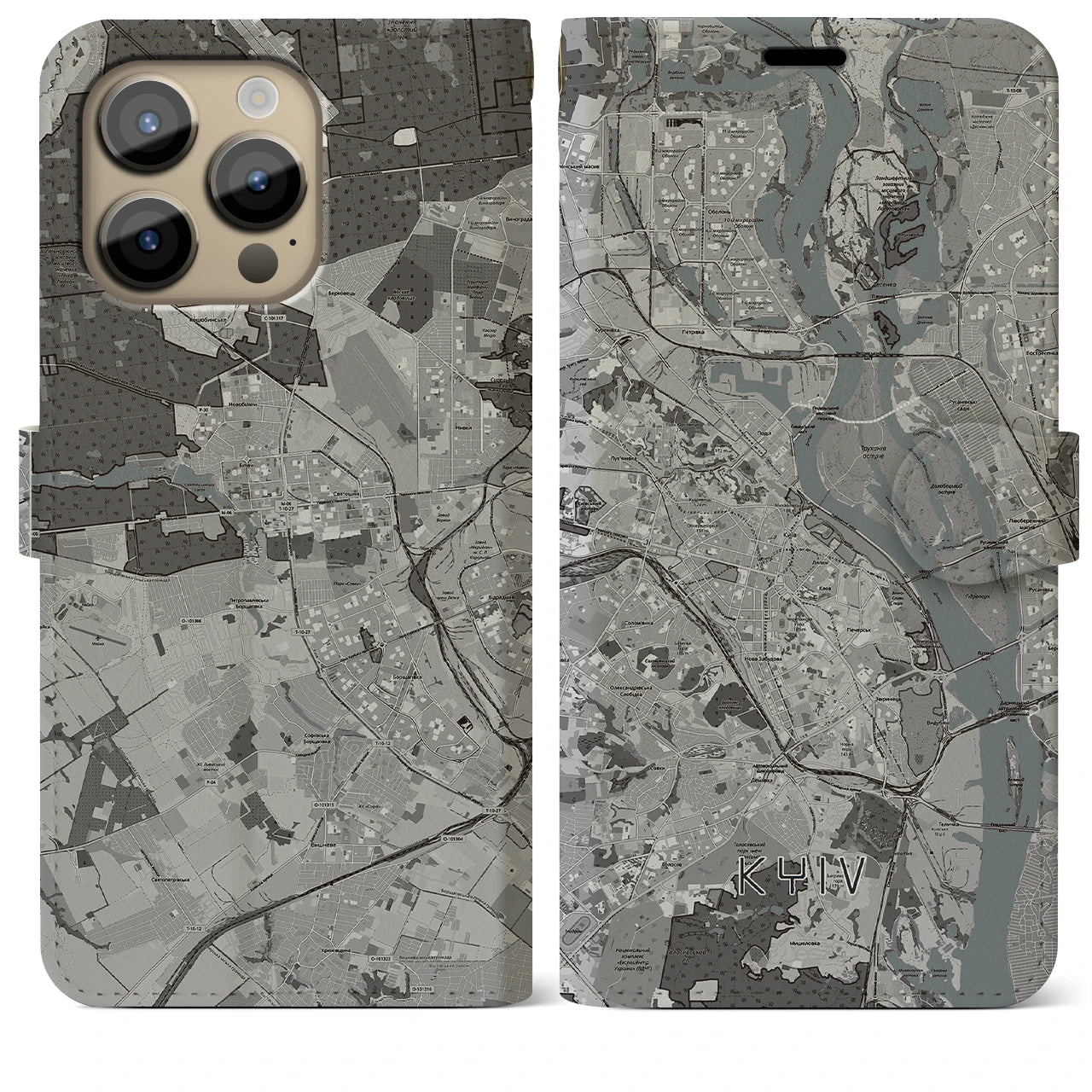【キーウ】地図柄iPhoneケース（手帳両面タイプ・モノトーン）iPhone 14 Pro Max 用