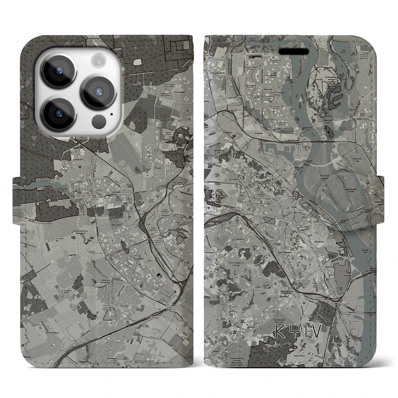 【キーウ】地図柄iPhoneケース（手帳両面タイプ・モノトーン）iPhone 14 Pro 用