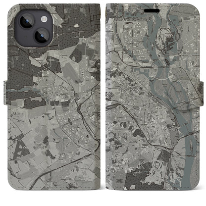 【キーウ（ウクライナ）】地図柄iPhoneケース（手帳タイプ）モノトーン・iPhone 14 Plus 用