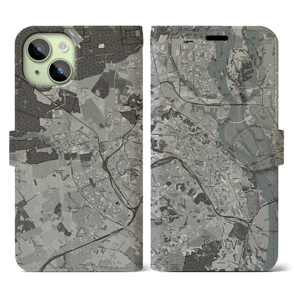 【キーウ（ウクライナ）】地図柄iPhoneケース（手帳タイプ）モノトーン・iPhone 15 用