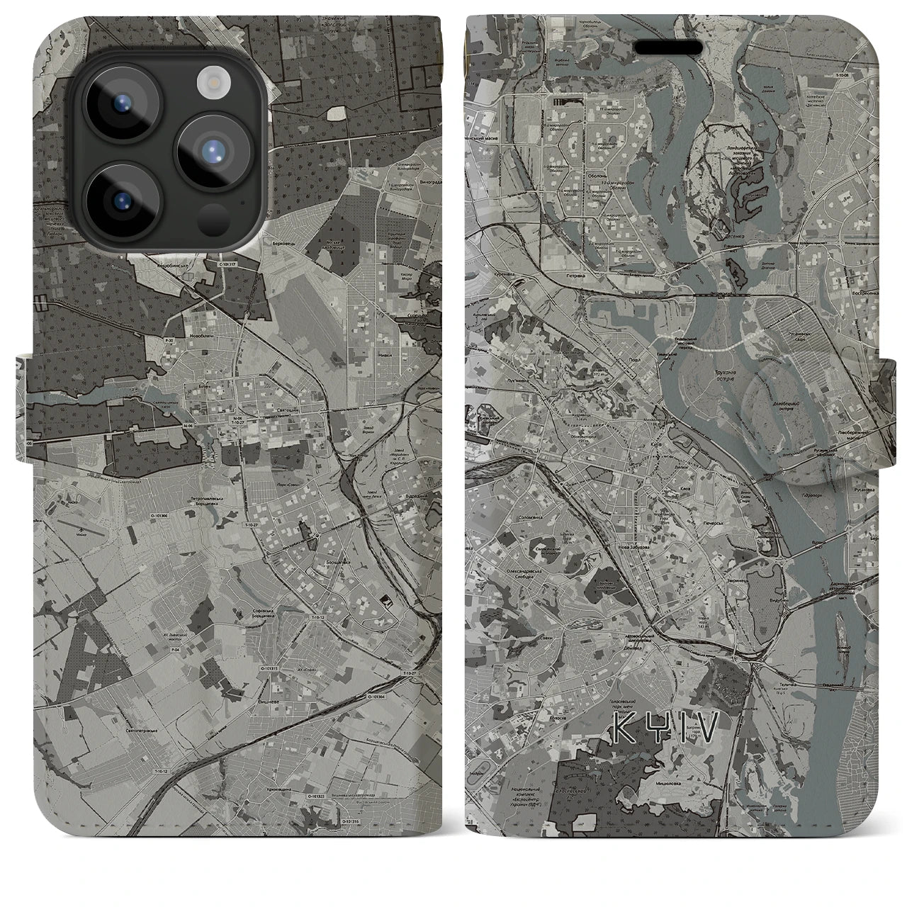 【キーウ】地図柄iPhoneケース（手帳両面タイプ・モノトーン）iPhone 15 Pro Max 用