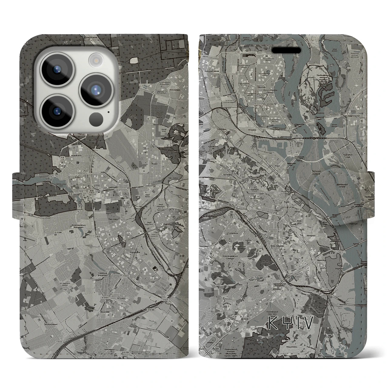 【キーウ】地図柄iPhoneケース（手帳両面タイプ・モノトーン）iPhone 15 Pro 用