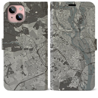 【キーウ（ウクライナ）】地図柄iPhoneケース（手帳タイプ）モノトーン・iPhone 15 Plus 用