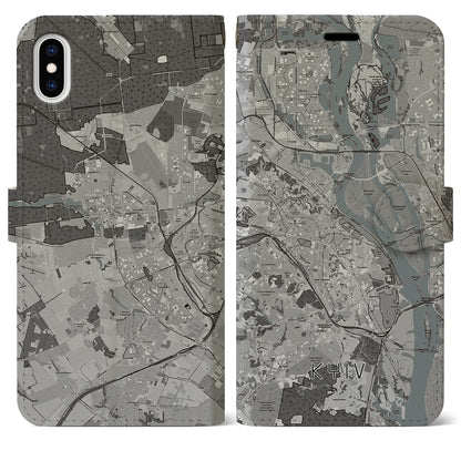 【キーウ（ウクライナ）】地図柄iPhoneケース（手帳タイプ）モノトーン・iPhone XS Max 用
