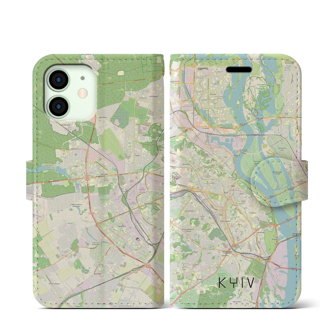 【キーウ】地図柄iPhoneケース（手帳両面タイプ・ナチュラル）iPhone 12 mini 用