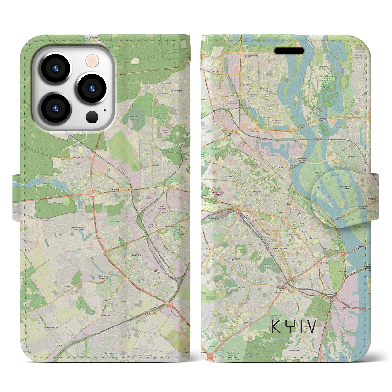 【キーウ】地図柄iPhoneケース（手帳両面タイプ・ナチュラル）iPhone 13 Pro 用