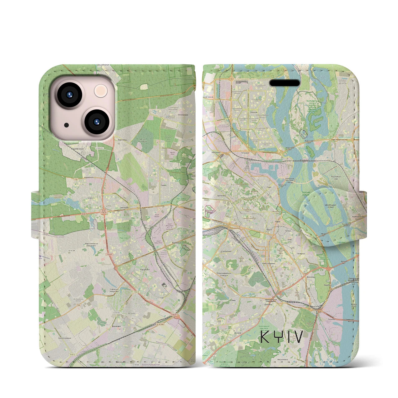 【キーウ】地図柄iPhoneケース（手帳両面タイプ・ナチュラル）iPhone 13 mini 用