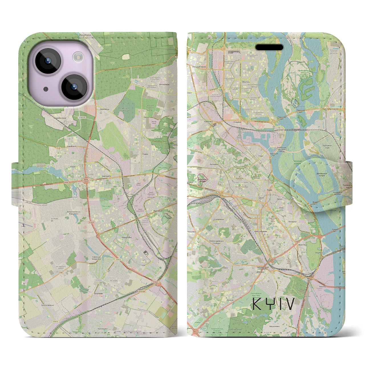 【キーウ】地図柄iPhoneケース（手帳両面タイプ・ナチュラル）iPhone 14 用