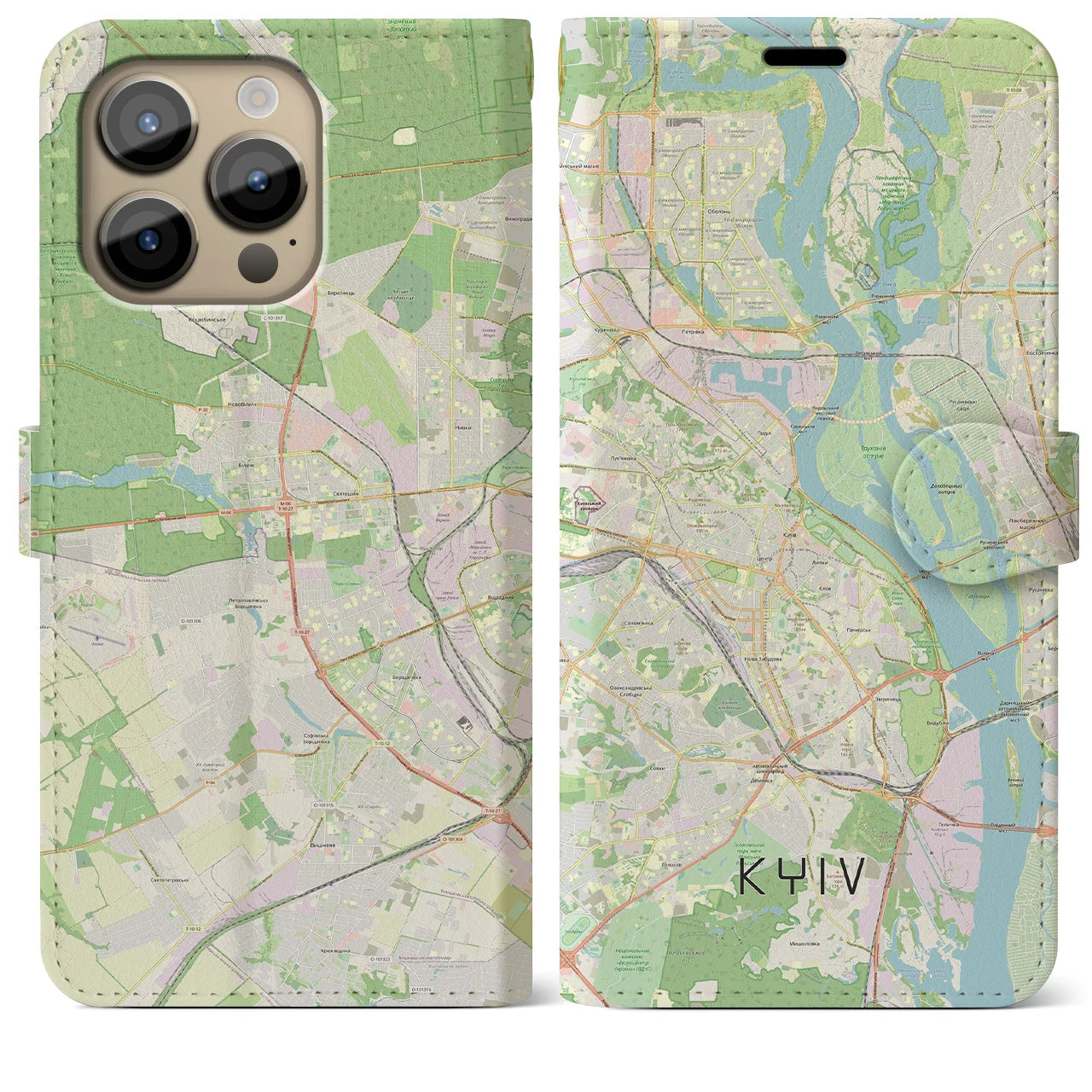 【キーウ】地図柄iPhoneケース（手帳両面タイプ・ナチュラル）iPhone 14 Pro Max 用
