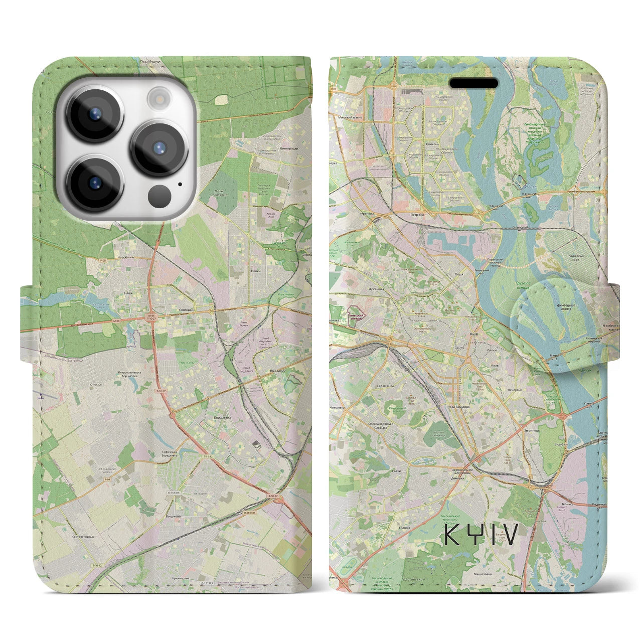 【キーウ】地図柄iPhoneケース（手帳両面タイプ・ナチュラル）iPhone 14 Pro 用