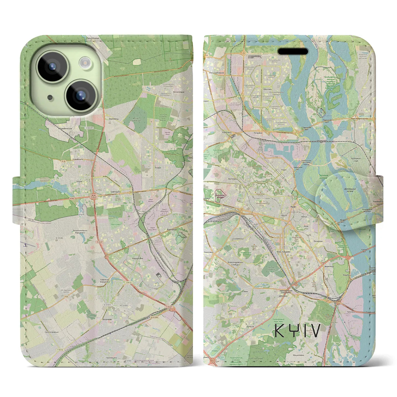 【キーウ】地図柄iPhoneケース（手帳両面タイプ・ナチュラル）iPhone 15 用