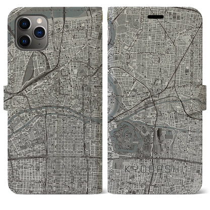 【京橋（大阪府）】地図柄iPhoneケース（手帳タイプ）モノトーン・iPhone 11 Pro Max 用