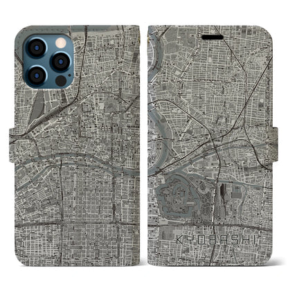 【京橋（大阪府）】地図柄iPhoneケース（手帳タイプ）モノトーン・iPhone 12 / 12 Pro 用