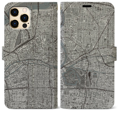 【京橋（大阪府）】地図柄iPhoneケース（手帳タイプ）モノトーン・iPhone 12 Pro Max 用
