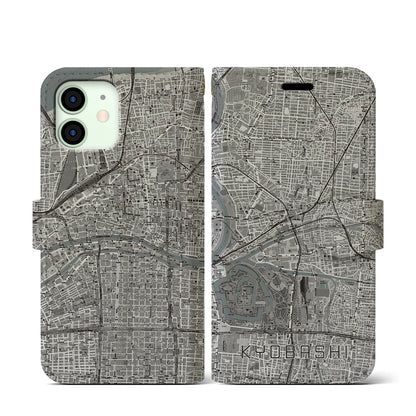 【京橋（大阪府）】地図柄iPhoneケース（手帳タイプ）モノトーン・iPhone 12 mini 用