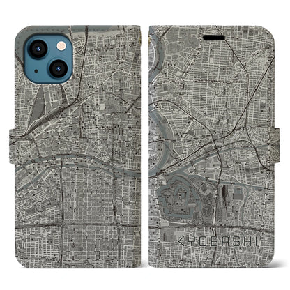 【京橋（大阪府）】地図柄iPhoneケース（手帳タイプ）モノトーン・iPhone 13 用