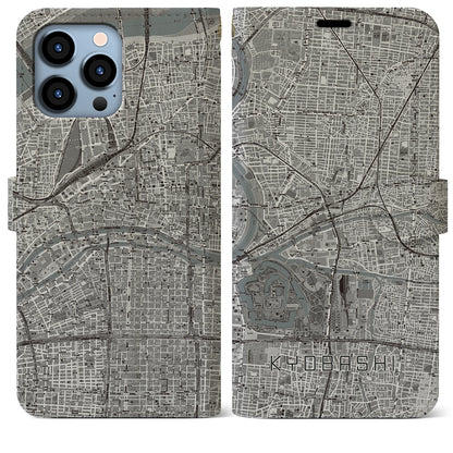 【京橋（大阪府）】地図柄iPhoneケース（手帳タイプ）モノトーン・iPhone 13 Pro Max 用