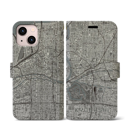 【京橋（大阪府）】地図柄iPhoneケース（手帳タイプ）モノトーン・iPhone 13 mini 用