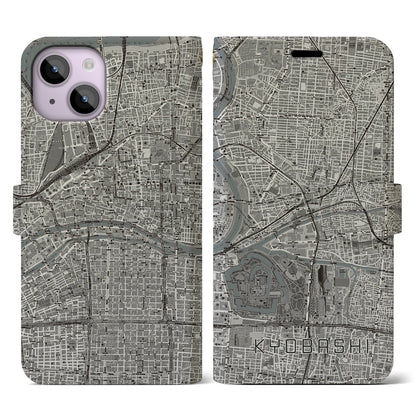 【京橋（大阪府）】地図柄iPhoneケース（手帳タイプ）モノトーン・iPhone 14 用
