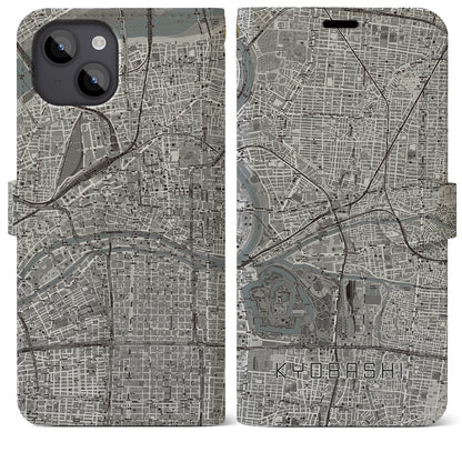 【京橋（大阪府）】地図柄iPhoneケース（手帳タイプ）モノトーン・iPhone 14 Plus 用