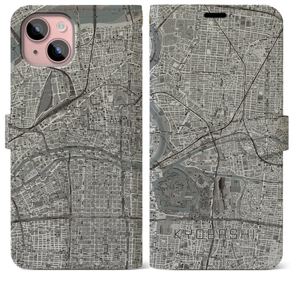 【京橋（大阪府）】地図柄iPhoneケース（手帳タイプ）モノトーン・iPhone 15 Plus 用