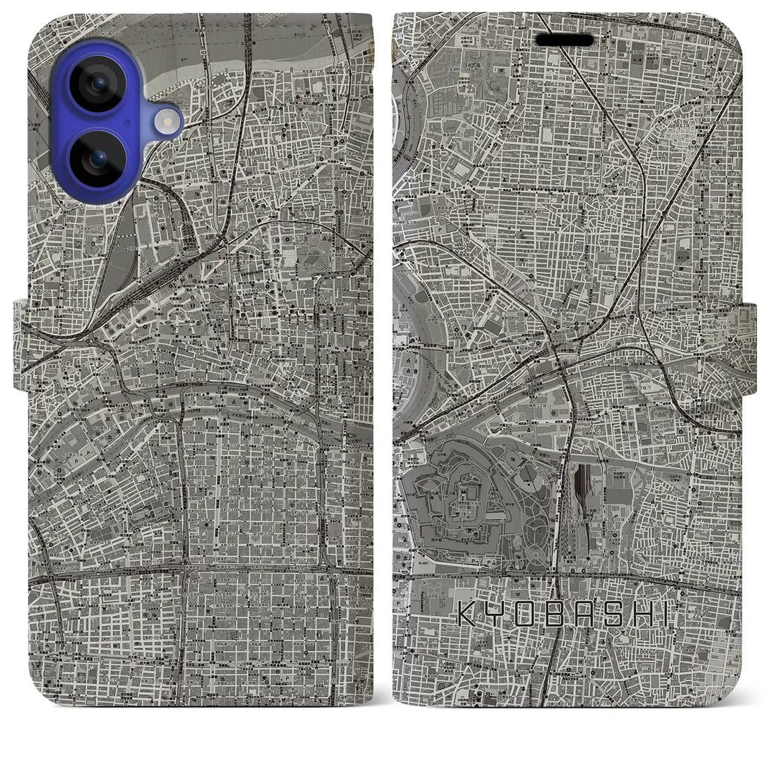 【京橋(大阪府)】地図柄iPhoneケース(手帳タイプ)モノトーン・iPhone 16 Pro Max 用