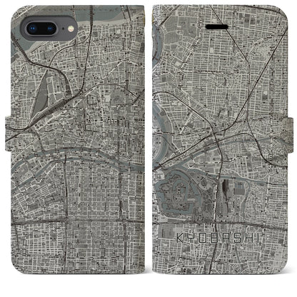 【京橋（大阪府）】地図柄iPhoneケース（手帳タイプ）モノトーン・iPhone 8Plus /7Plus / 6sPlus / 6Plus 用