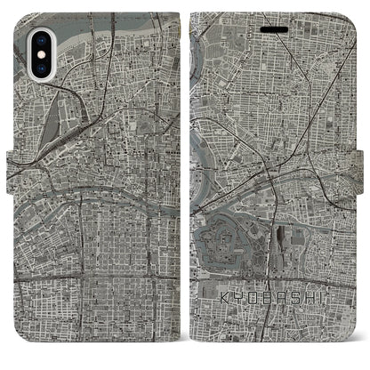 【京橋（大阪府）】地図柄iPhoneケース（手帳タイプ）モノトーン・iPhone XS Max 用
