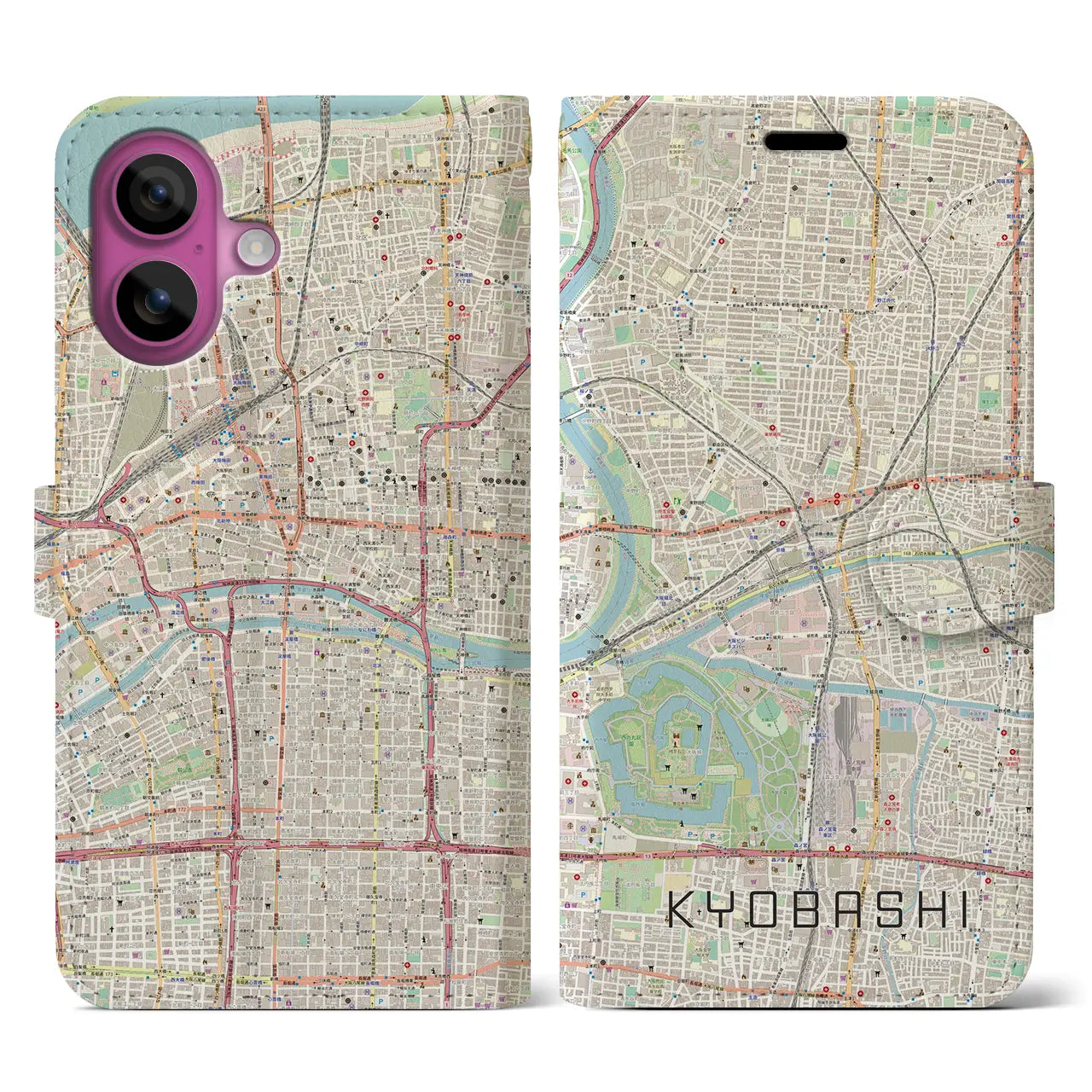 【京橋（大阪府）】地図柄iPhoneケース（手帳タイプ）ナチュラル・iPhone 16 Pro 用