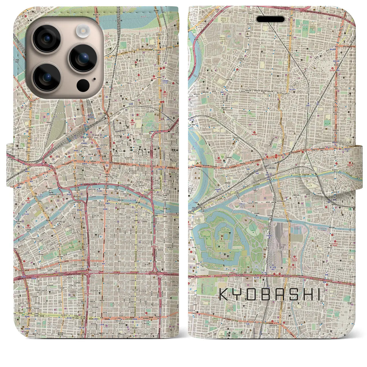 【京橋（大阪府）】地図柄iPhoneケース（手帳タイプ）ナチュラル・iPhone 16 Plus 用