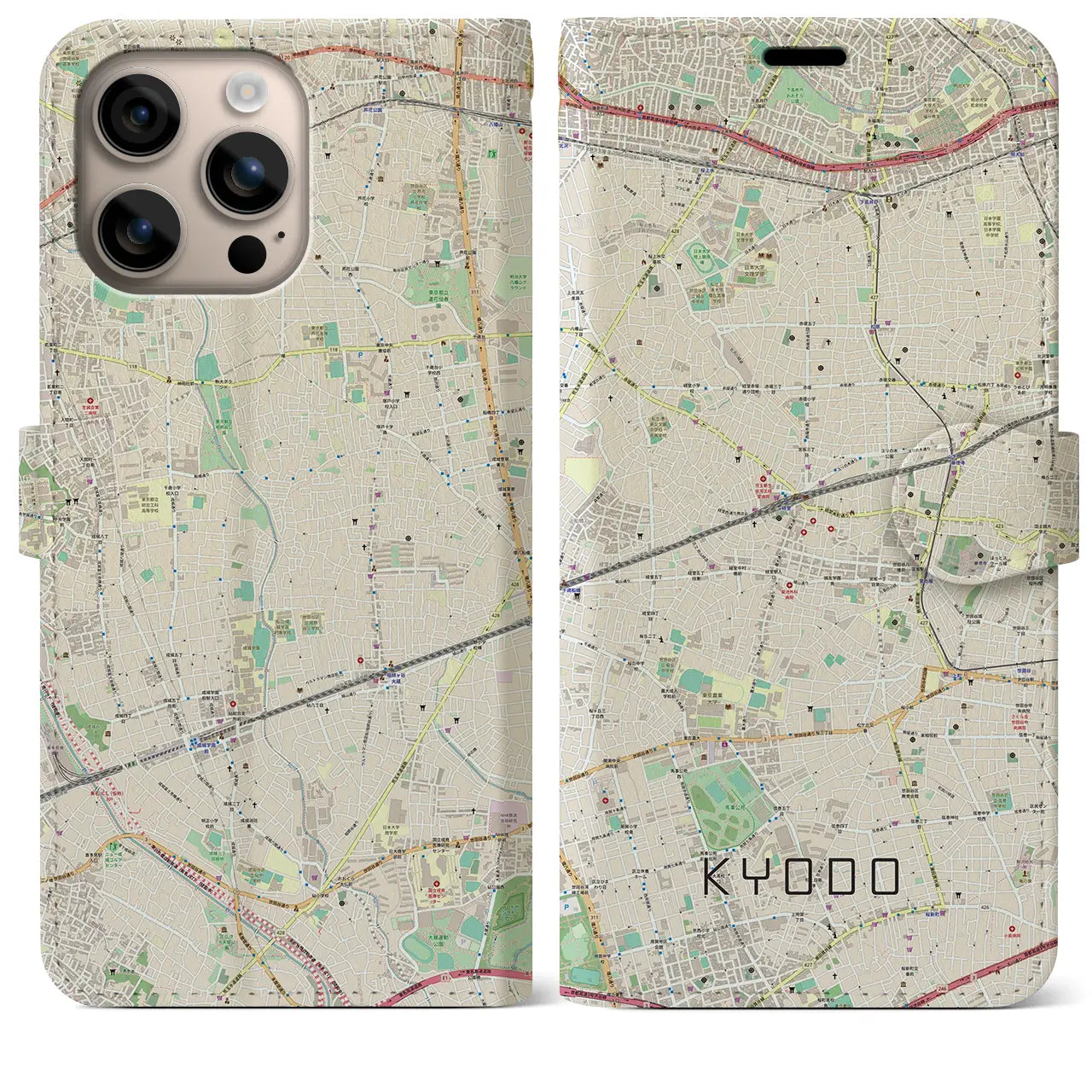 【経堂（東京都）】地図柄iPhoneケース（手帳タイプ）ナチュラル・iPhone 16 Plus 用