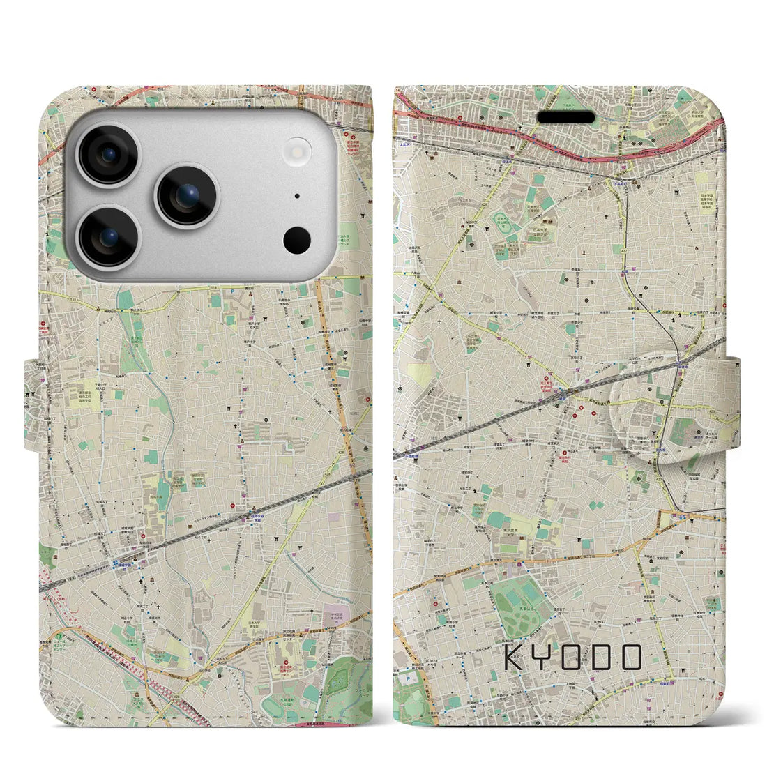 【経堂（東京都）】地図柄iPhoneケース（手帳タイプ）モノトーン・iPhone 17 Pro Max 用