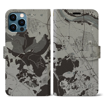 【京田辺（京都府）】地図柄iPhoneケース（手帳タイプ）モノトーン・iPhone 12 / 12 Pro 用