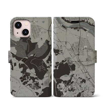 【京田辺（京都府）】地図柄iPhoneケース（手帳タイプ）モノトーン・iPhone 13 mini 用