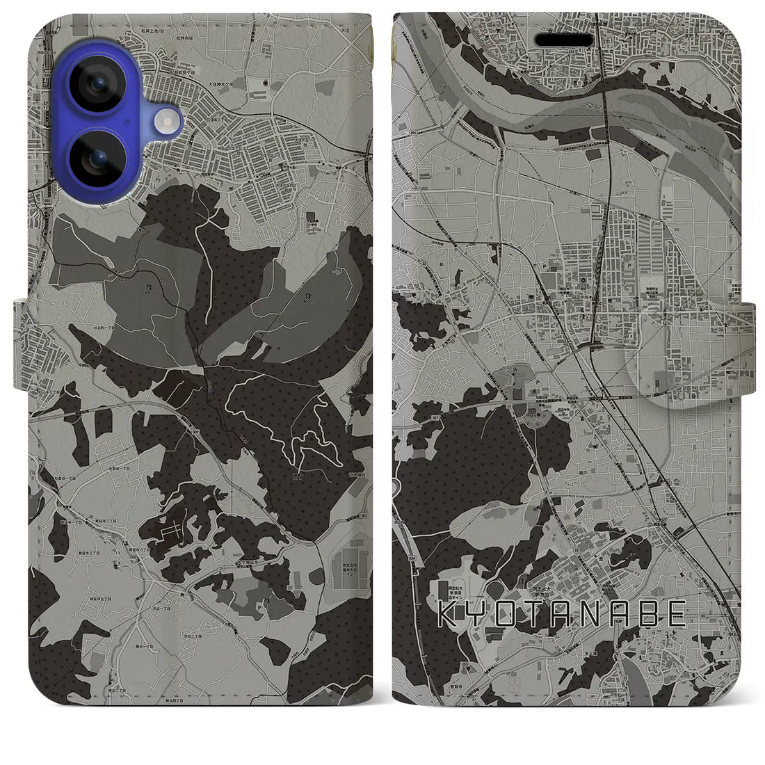 【京田辺(京都府)】地図柄iPhoneケース(手帳タイプ)モノトーン・iPhone 16 Pro Max 用