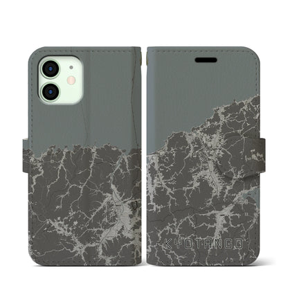 【京丹後（京都府）】地図柄iPhoneケース（手帳タイプ）モノトーン・iPhone 12 mini 用