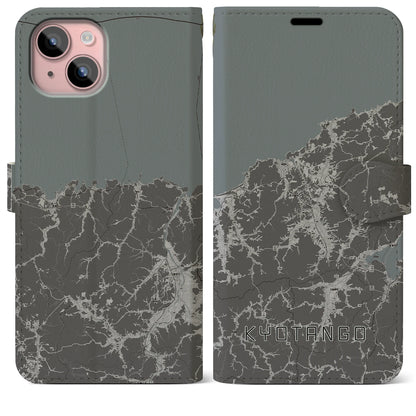 【京丹後（京都府）】地図柄iPhoneケース（手帳タイプ）モノトーン・iPhone 15 Plus 用