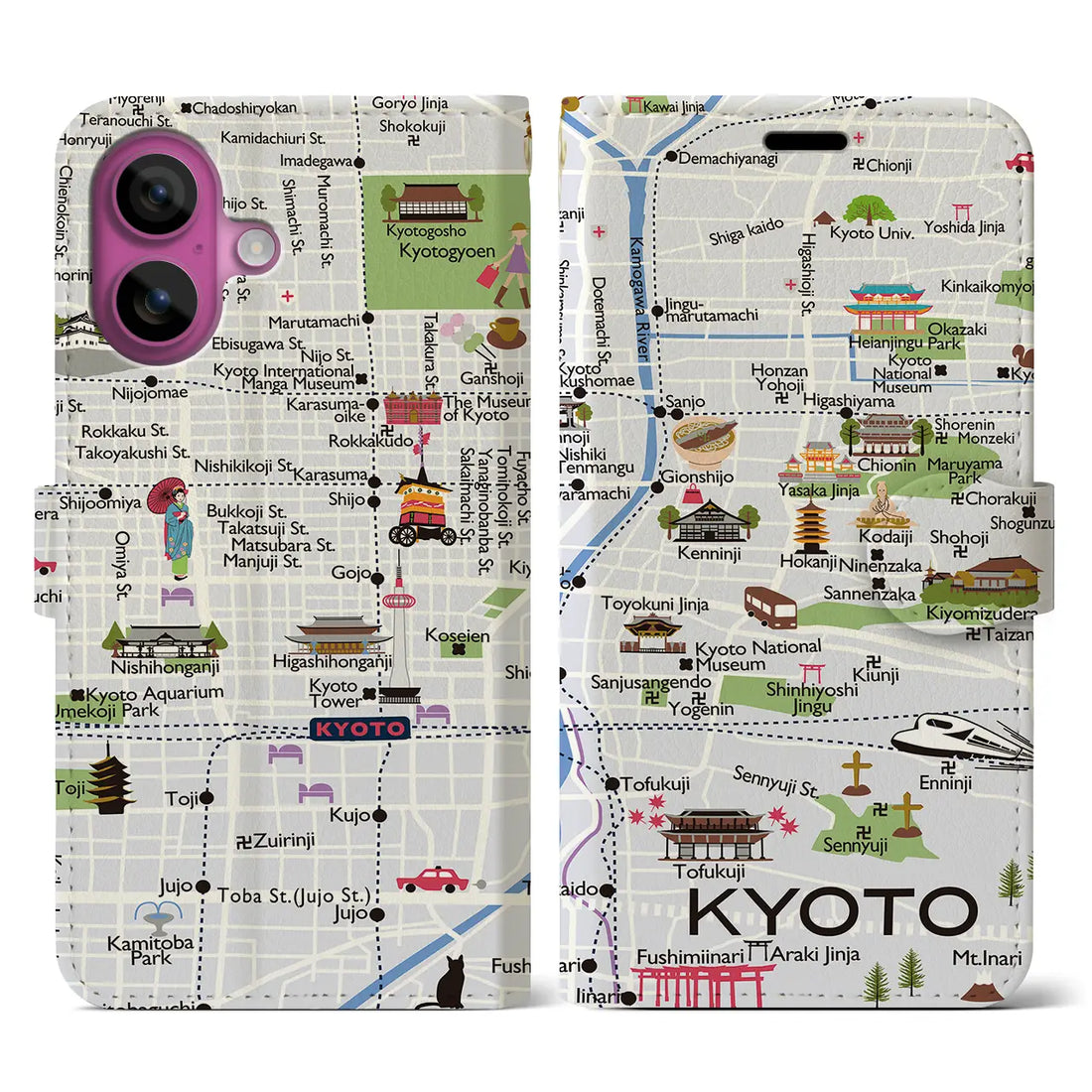 【京都(イラスト)】イラストマップiPhoneケース(手帳タイプ)白すみれ・iPhone 16 Pro 用