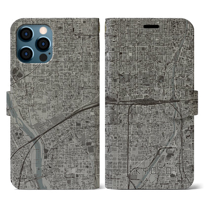 【京都2（京都府）】地図柄iPhoneケース（手帳タイプ）モノトーン・iPhone 12 / 12 Pro 用