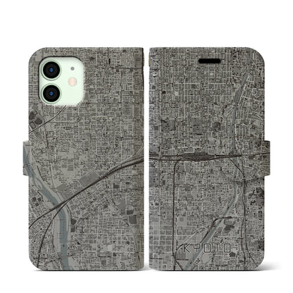 【京都2（京都府）】地図柄iPhoneケース（手帳タイプ）モノトーン・iPhone 12 mini 用