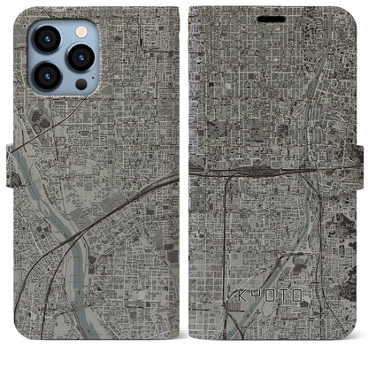 【京都2（京都府）】地図柄iPhoneケース（手帳タイプ）モノトーン・iPhone 13 Pro Max 用