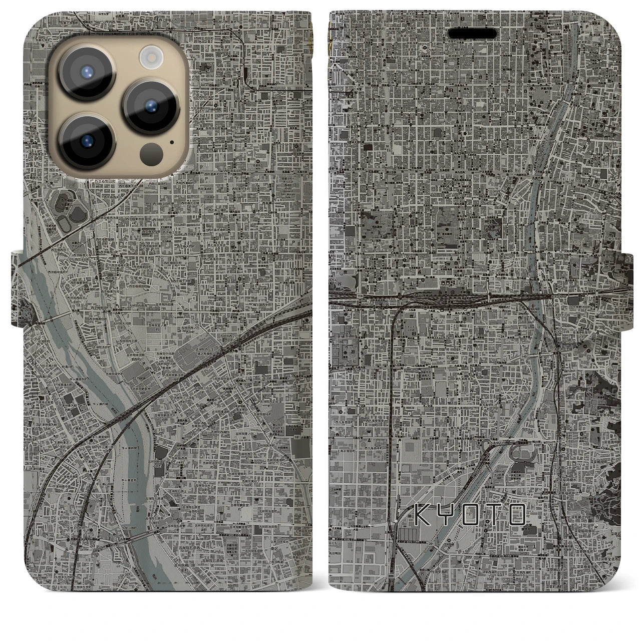 【京都2】地図柄iPhoneケース（手帳両面タイプ・モノトーン）iPhone 14 Pro Max 用
