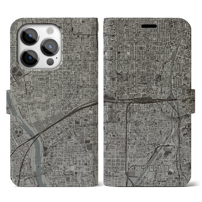 【京都2（京都府）】地図柄iPhoneケース（手帳タイプ）モノトーン・iPhone 14 Pro 用
