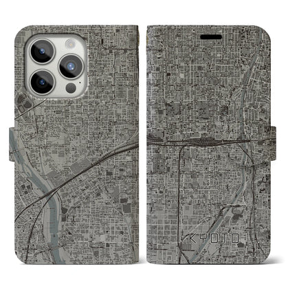 【京都2（京都府）】地図柄iPhoneケース（手帳タイプ）モノトーン・iPhone 15 Pro 用