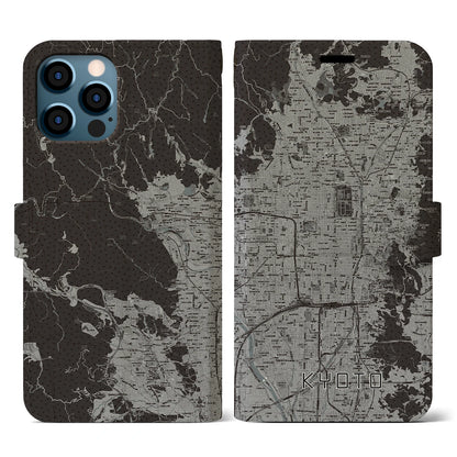 【京都（京都府）】地図柄iPhoneケース（手帳タイプ）モノトーン・iPhone 12 / 12 Pro 用