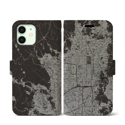 【京都（京都府）】地図柄iPhoneケース（手帳タイプ）モノトーン・iPhone 12 mini 用