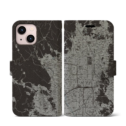 【京都（京都府）】地図柄iPhoneケース（手帳タイプ）モノトーン・iPhone 13 mini 用